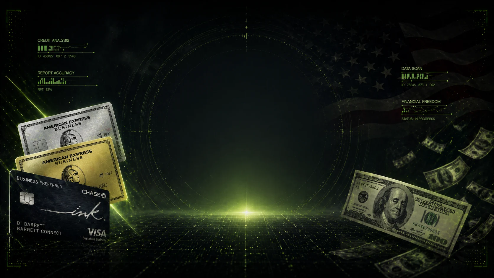 Original 700 Credito artwork with business credit cards and money